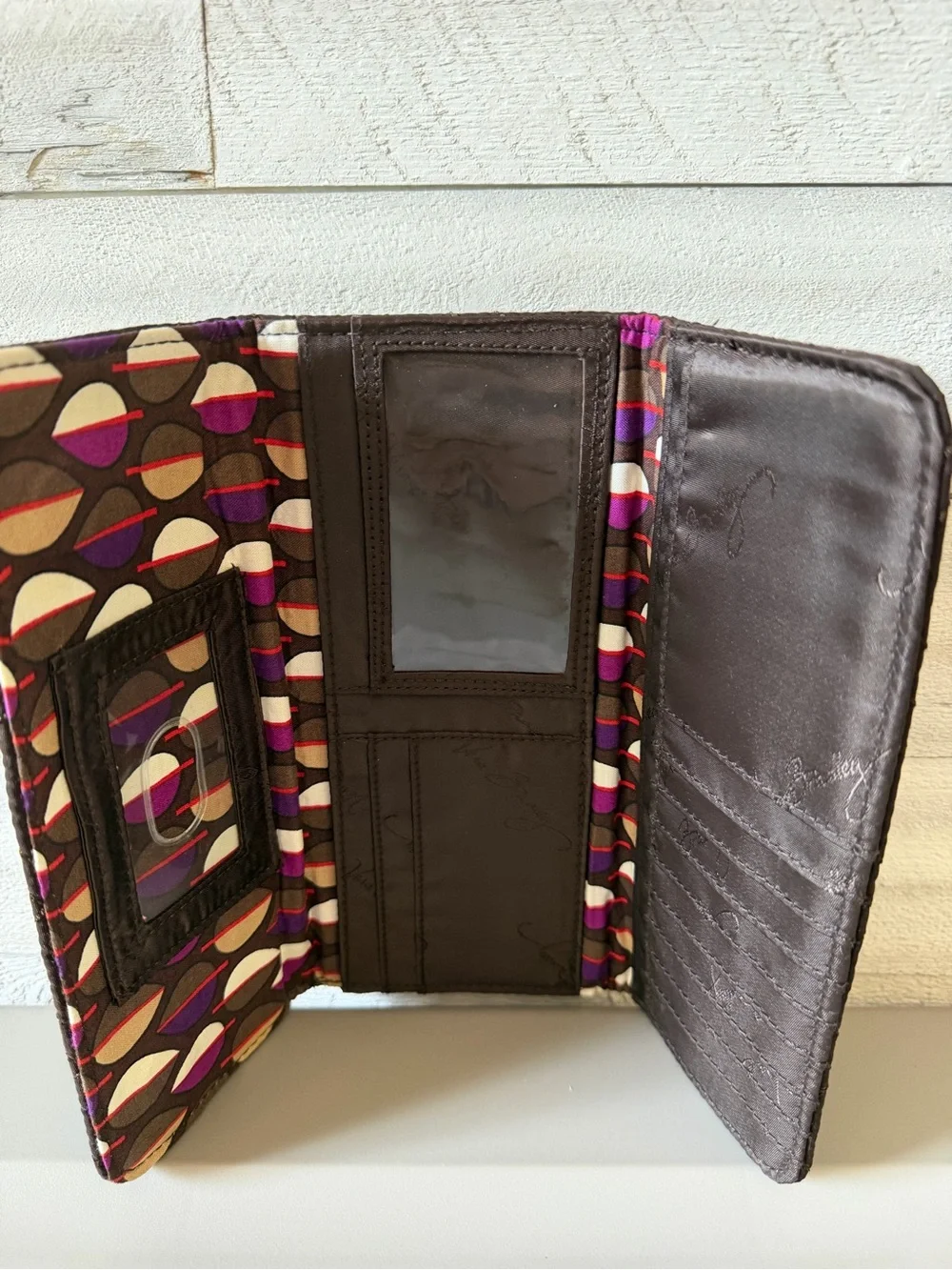 Vera Bradley Espresso Quilted Trifold Wallet with Metal Logo